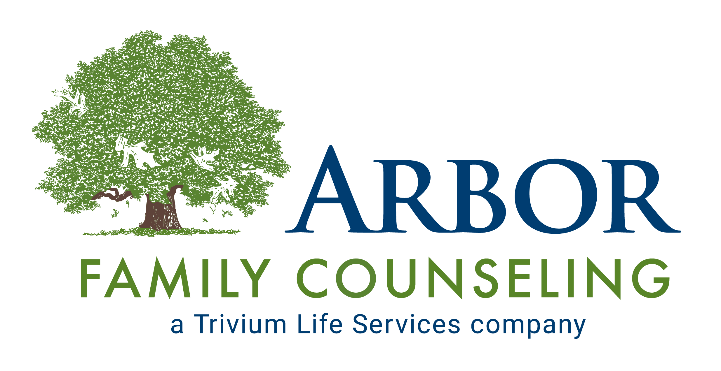 A tree with green leaves on the left. Writing says "Arbor Family Counseling a Trivium Life Services company"