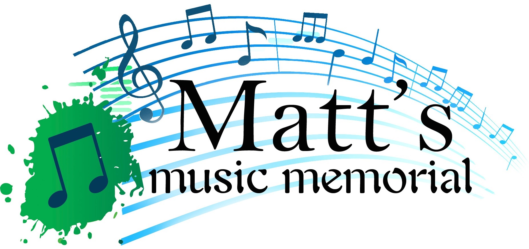 Matt's Music Memorial Logo: Black letters with rainbow of blue music notes