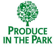 "Produce in the Park" text below a tree filled with images of produce, a guitar, baked goods, hearts, and more.